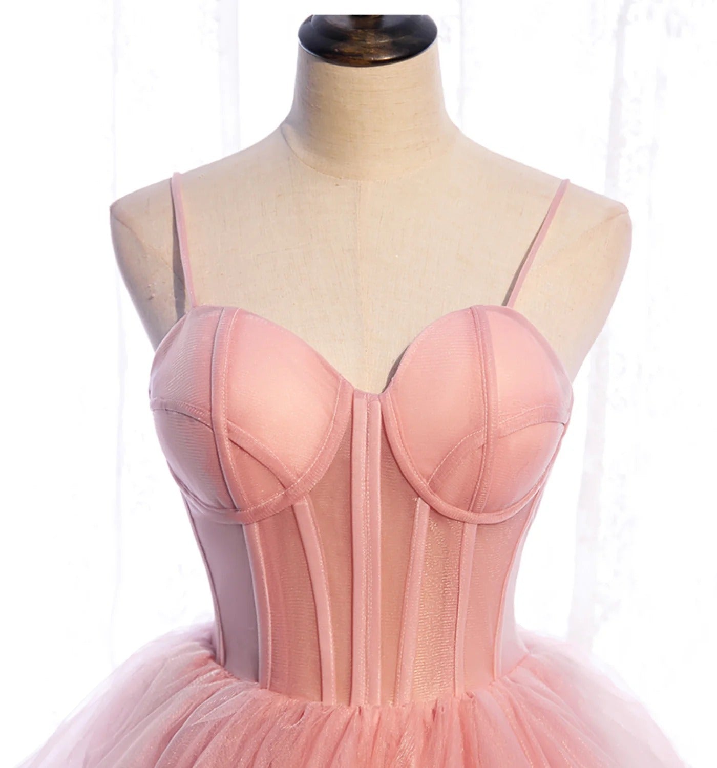 Blush Pink Spaghetti-Strap Corset Peplum Tulle A-Line Ball Gown with Lace-Up Back