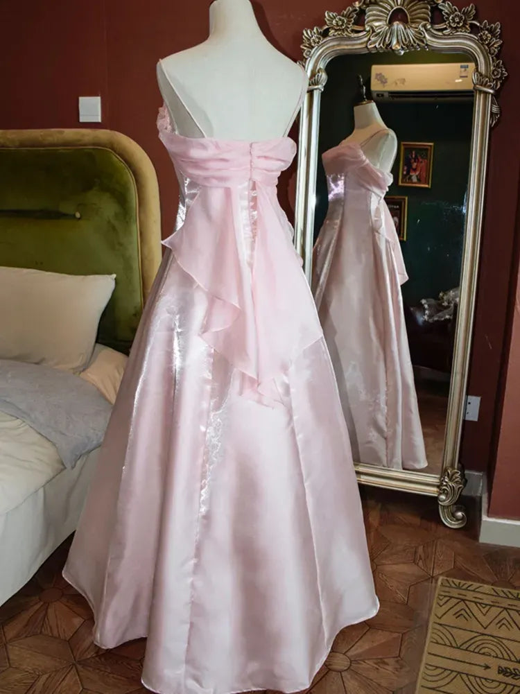 Blush Pink Spaghetti Strap Cowl Neck Organza Ball Gown