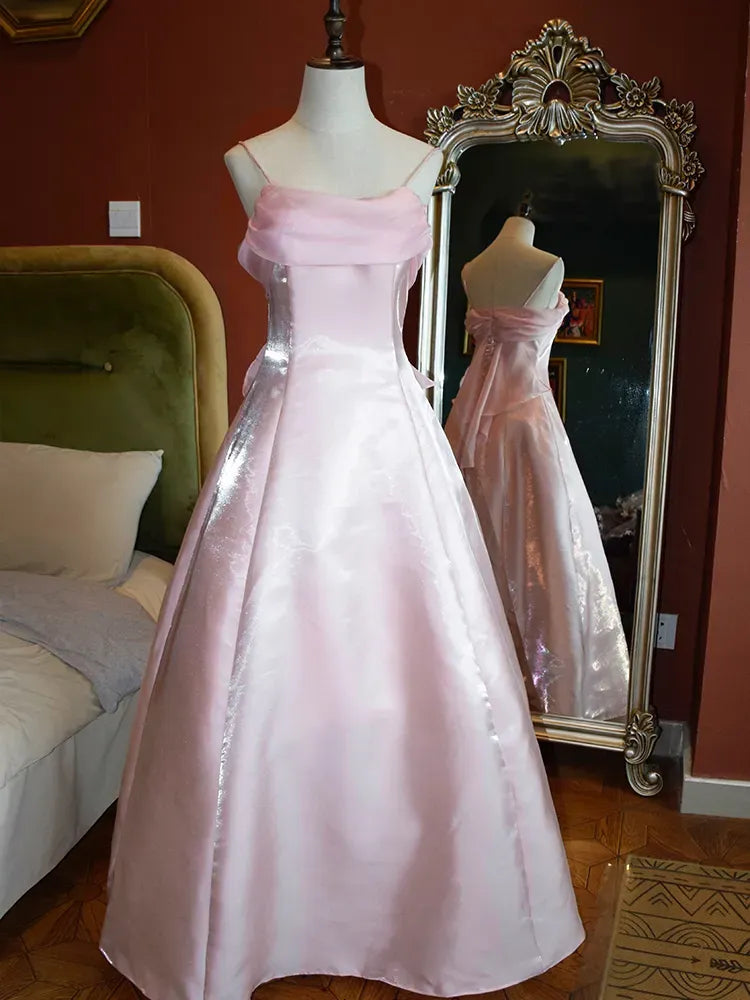 Blush Pink Spaghetti Strap Cowl Neck Organza Ball Gown