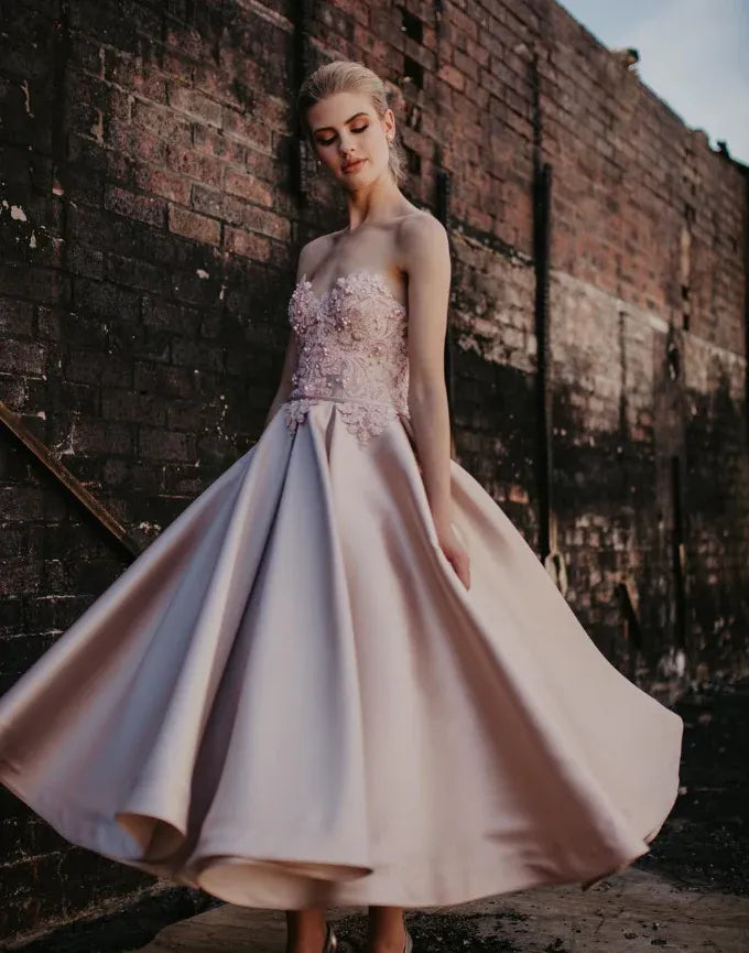 Blush Pink Strapless Beaded Lace Tea-Length Gown