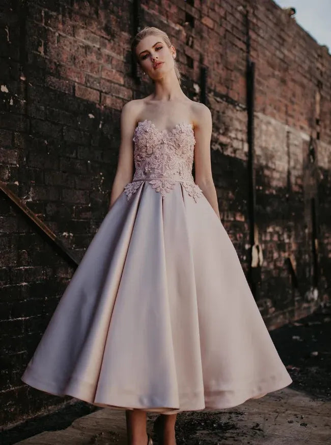 Blush Pink Strapless Beaded Lace Tea-Length Gown