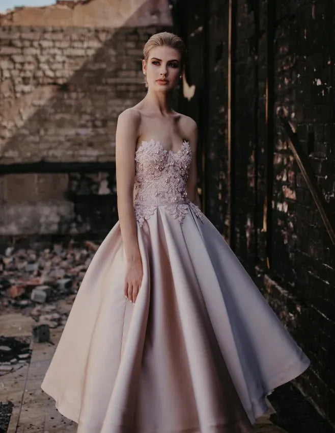 Blush Pink Strapless Beaded Lace Tea-Length Gown