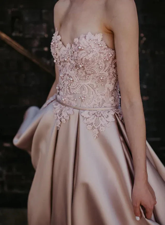Blush Pink Strapless Beaded Lace Tea-Length Gown