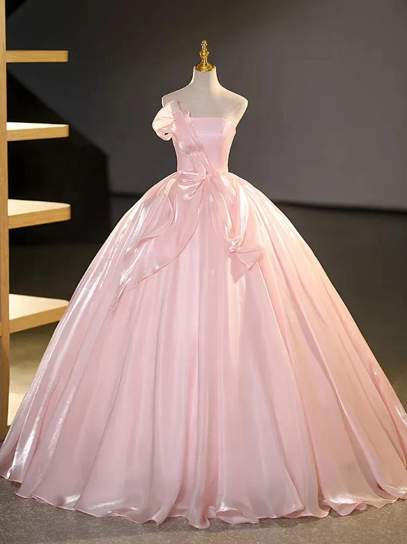 Blush Pink Strapless Ruffle Organza Ball Gown with Lace-Up Back