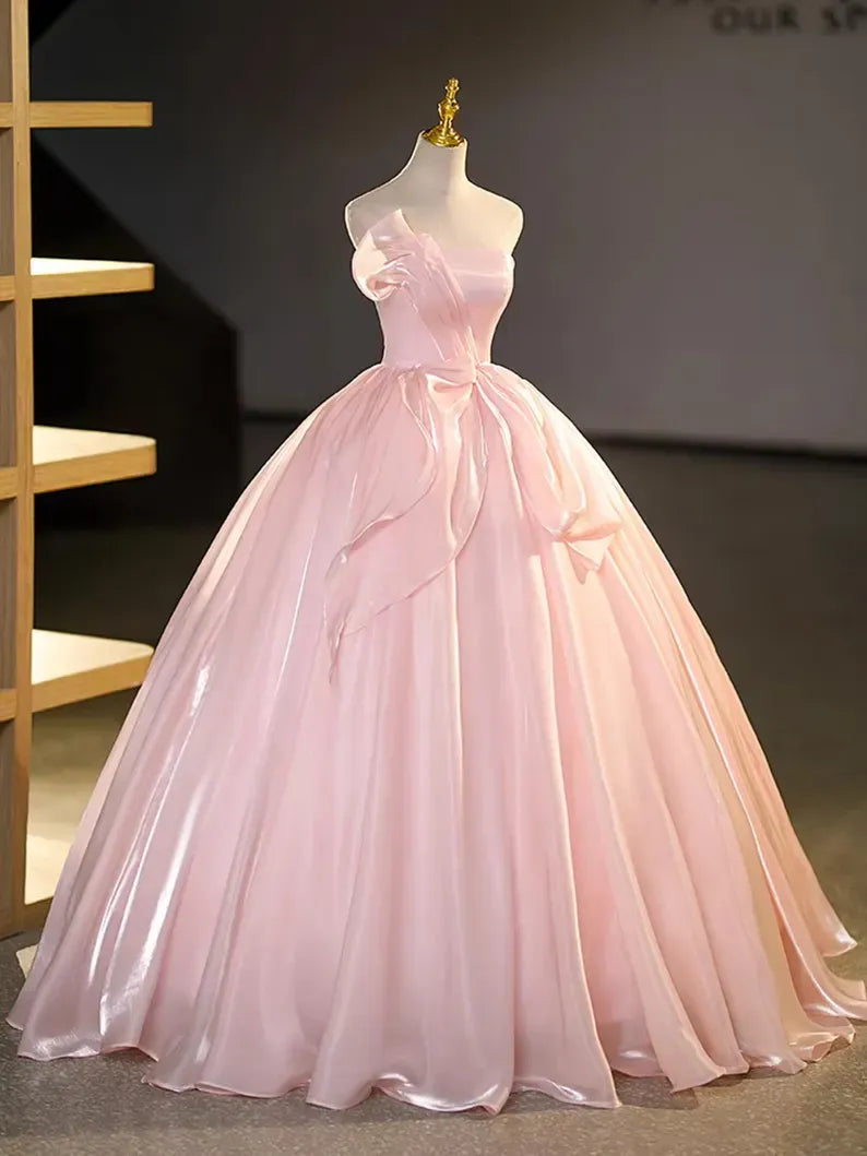 Blush Pink Strapless Ruffle Organza Ball Gown with Lace-Up Back