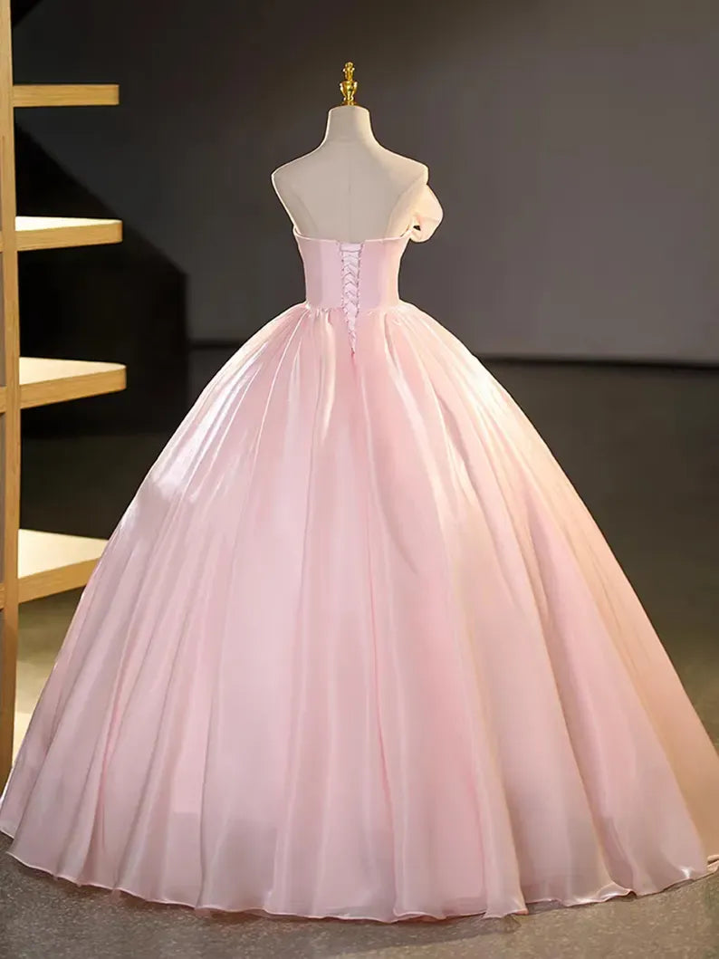 Blush Pink Strapless Ruffle Organza Ball Gown with Lace-Up Back