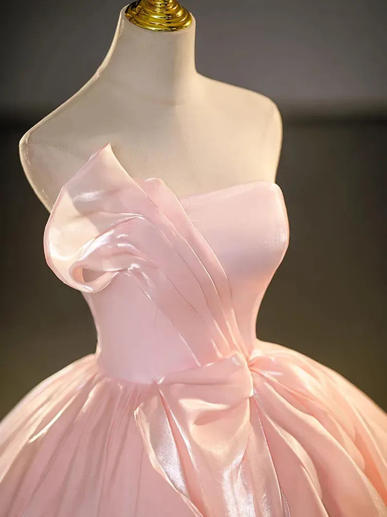 Blush Pink Strapless Ruffle Organza Ball Gown with Lace-Up Back