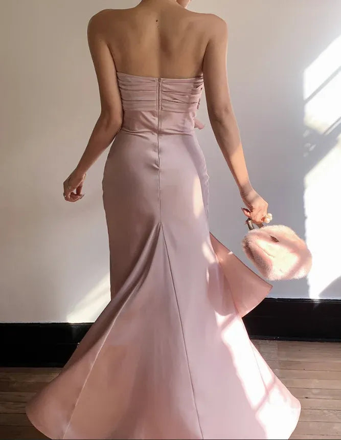 Blush Pink Strapless Ruffle Satin Mermaid Gown