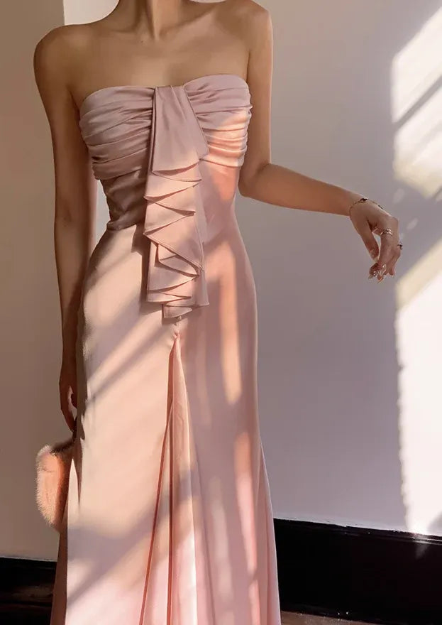 Blush Pink Strapless Ruffle Satin Mermaid Gown