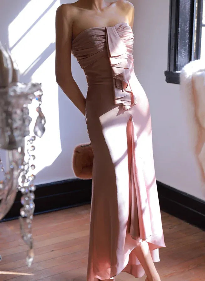 Blush Pink Strapless Ruffle Satin Mermaid Gown