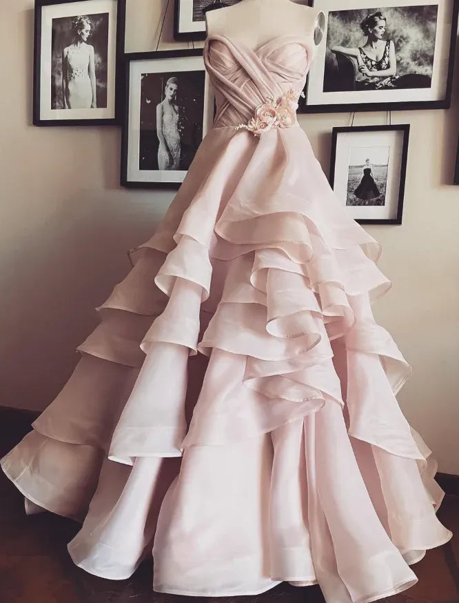 Blush Pink Strapless Ruffled Organza Ball Gown with 3D Floral Appliqué