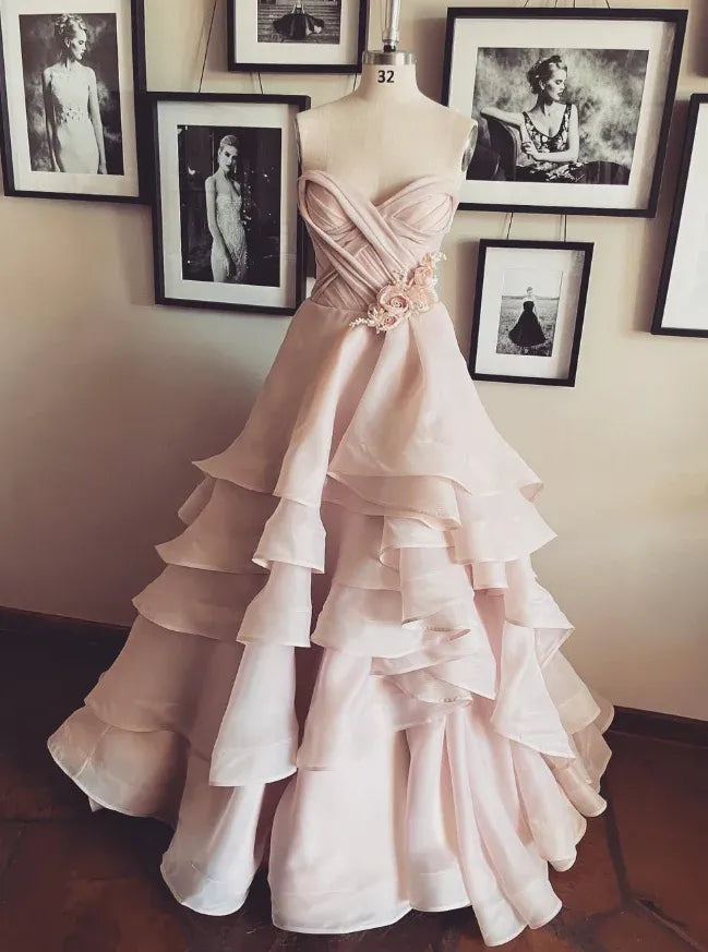 Blush Pink Strapless Ruffled Organza Ball Gown with 3D Floral Appliqué