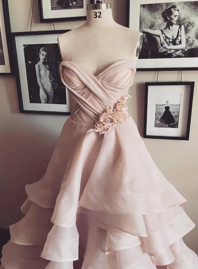 Blush Pink Strapless Ruffled Organza Ball Gown with 3D Floral Appliqué