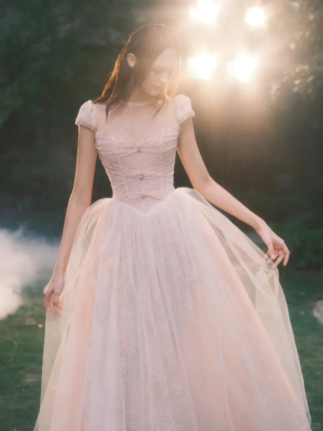 Blush Pink Tulle Ball Gown – Cap Sleeve Sheer Back Formal Dress with Floral Embroidery