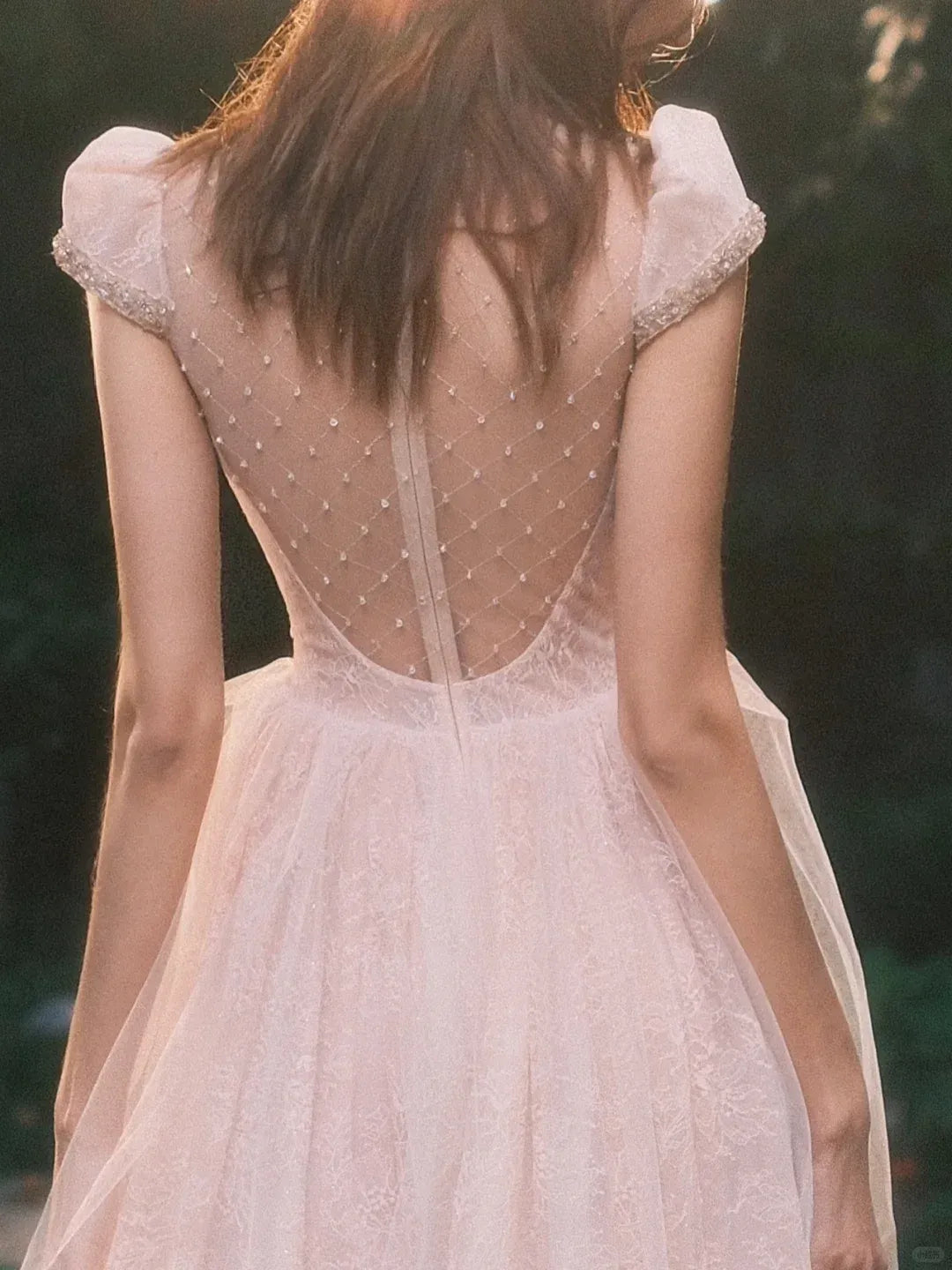 Blush Pink Tulle Ball Gown – Cap Sleeve Sheer Back Formal Dress with Floral Embroidery