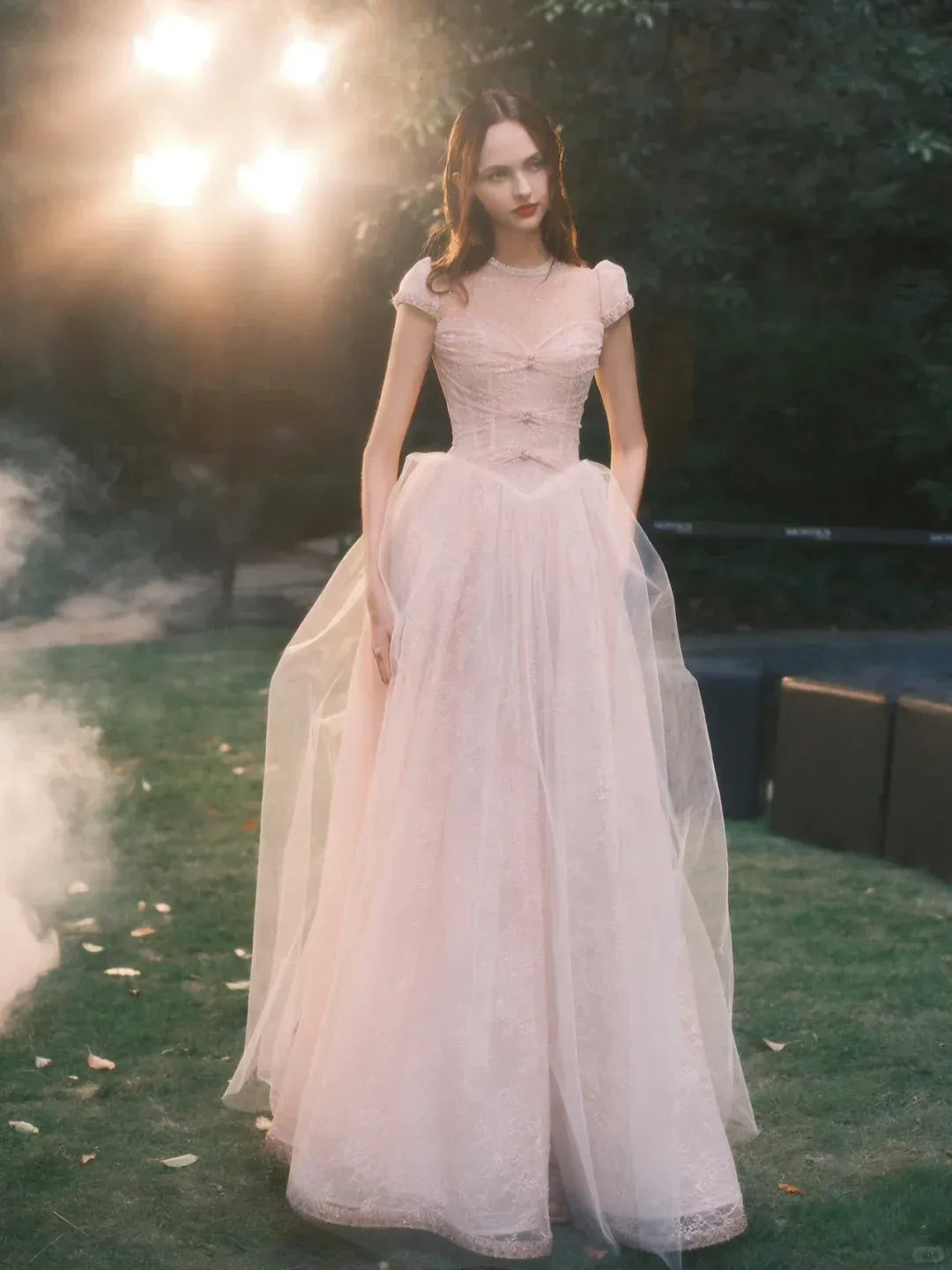 Blush Pink Tulle Ball Gown – Cap Sleeve Sheer Back Formal Dress with Floral Embroidery