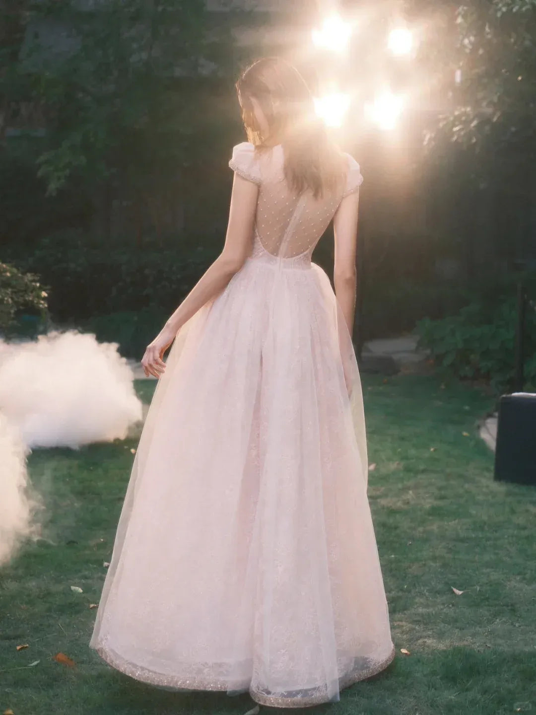Blush Pink Tulle Ball Gown – Cap Sleeve Sheer Back Formal Dress with Floral Embroidery