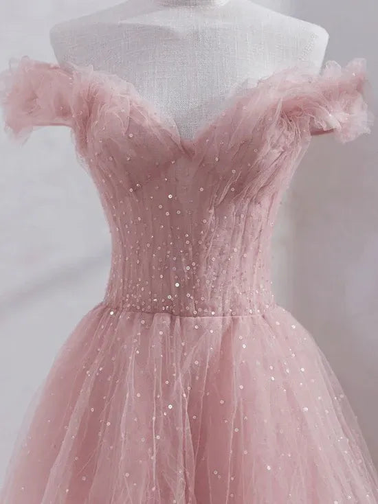 Blush Pink Tulle Off-the-Shoulder Gown with Sequin Embellishments