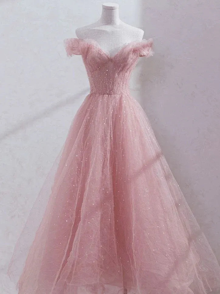 Blush Pink Tulle Off-the-Shoulder Gown with Sequin Embellishments