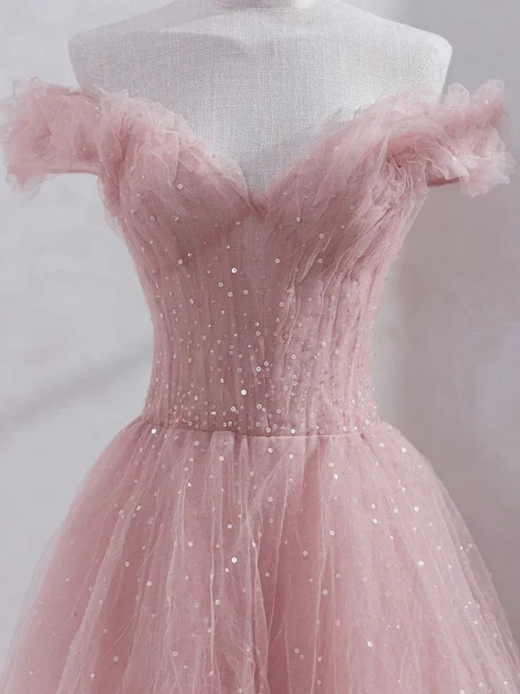 Blush Pink Tulle Off-the-Shoulder Gown with Sequin Embellishments