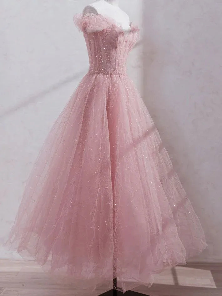 Blush Pink Tulle Off-the-Shoulder Gown with Sequin Embellishments