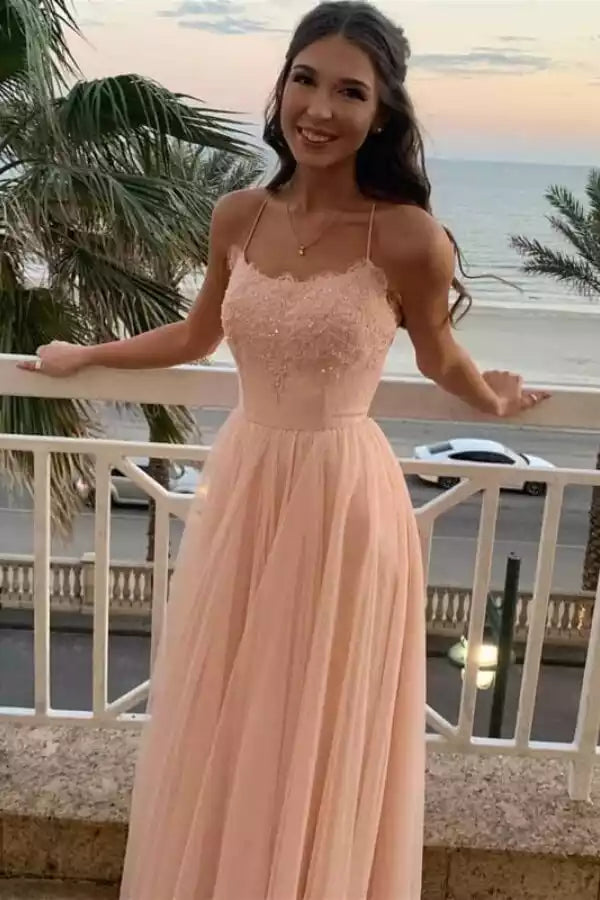 Blush Pink Tulle Spaghetti Strap Lace-Up Back Ball Gown – Airy & Romantic Evening Party Dress