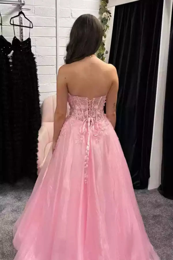 Blush Pink Tulle Strapless Lace Ball Gown – Enchanting & Romantic Evening Party Dress
