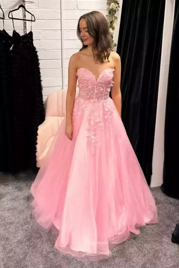 Blush Pink Tulle Strapless Lace Ball Gown – Enchanting & Romantic Evening Party Dress
