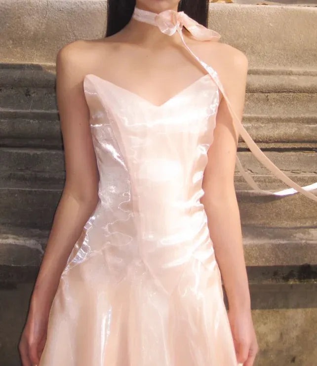 Blush Satin Halter Neck Fit-and-Flare Maxi Dress