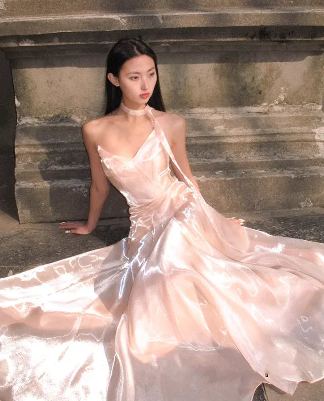 Blush Satin Halter Neck Fit-and-Flare Maxi Dress