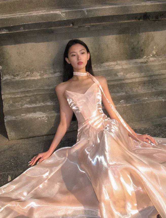 Blush Satin Halter Neck Fit-and-Flare Maxi Dress