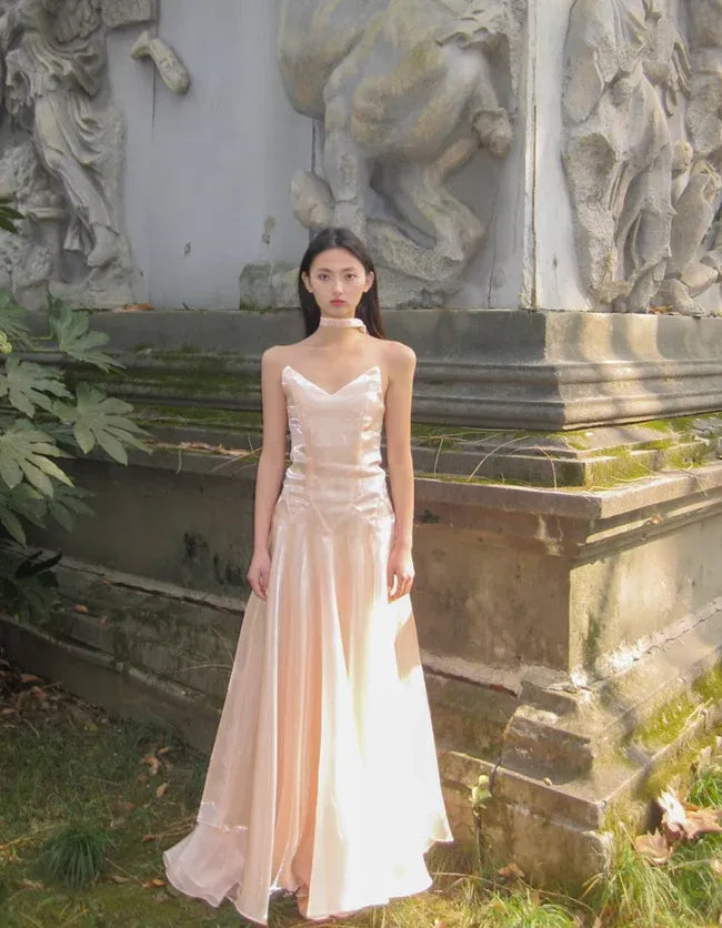Blush Satin Halter Neck Fit-and-Flare Maxi Dress
