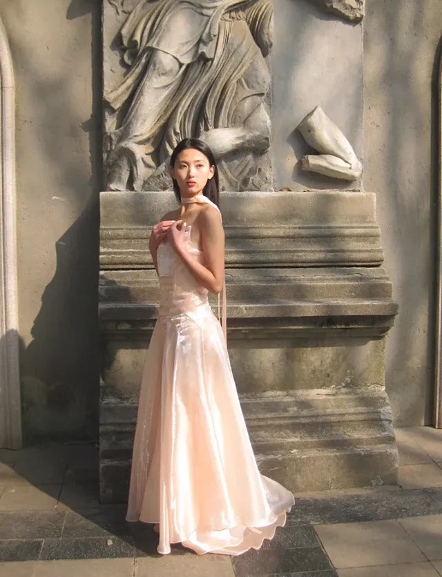 Blush Satin Halter Neck Fit-and-Flare Maxi Dress