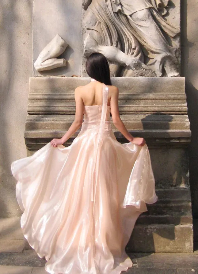 Blush Satin Halter Neck Fit-and-Flare Maxi Dress