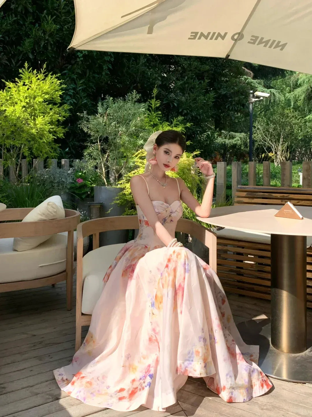 Blush Watercolor Floral Spaghetti Strap Flowy Maxi Dress – Garden Wedding Party Gown