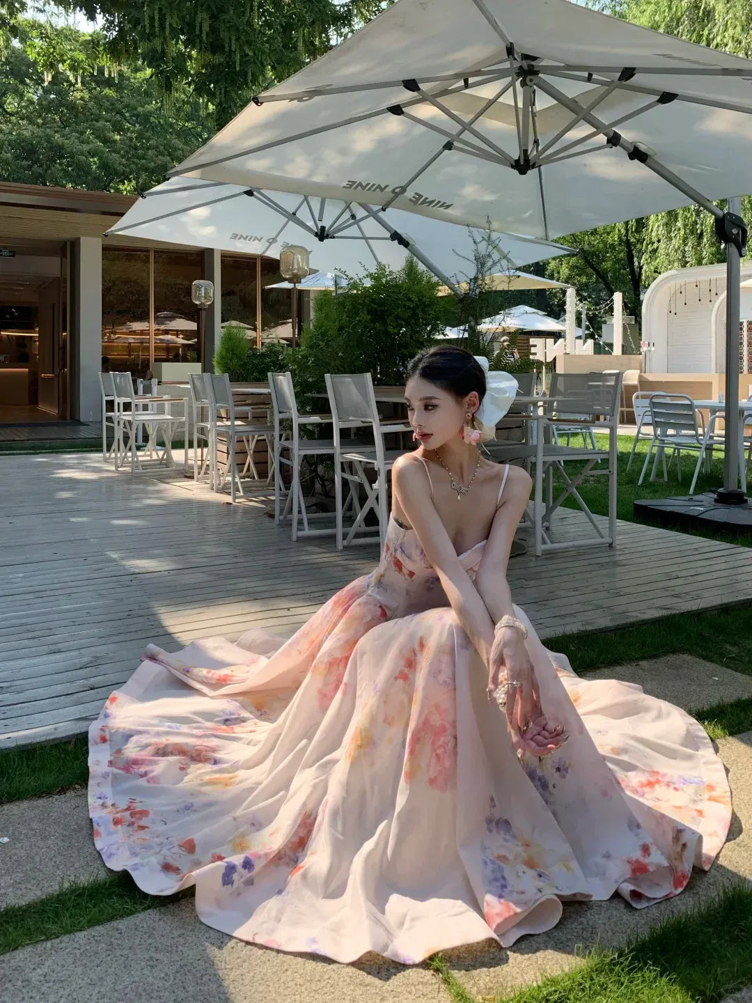 Blush Watercolor Floral Spaghetti Strap Flowy Maxi Dress – Garden Wedding Party Gown