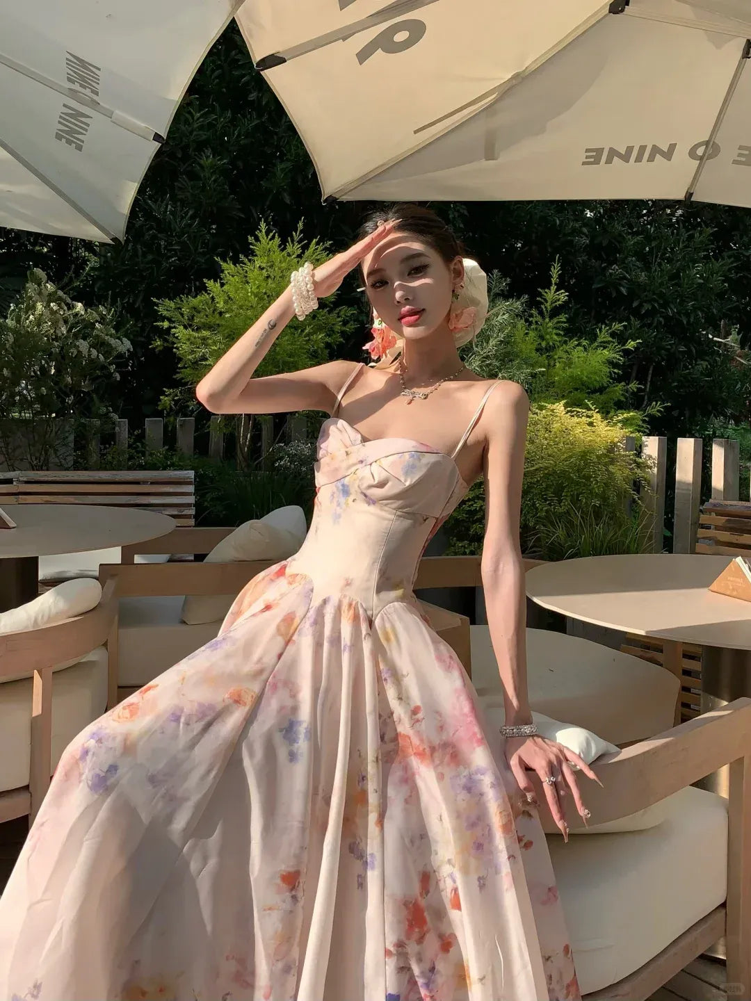 Blush Watercolor Floral Spaghetti Strap Flowy Maxi Dress – Garden Wedding Party Gown