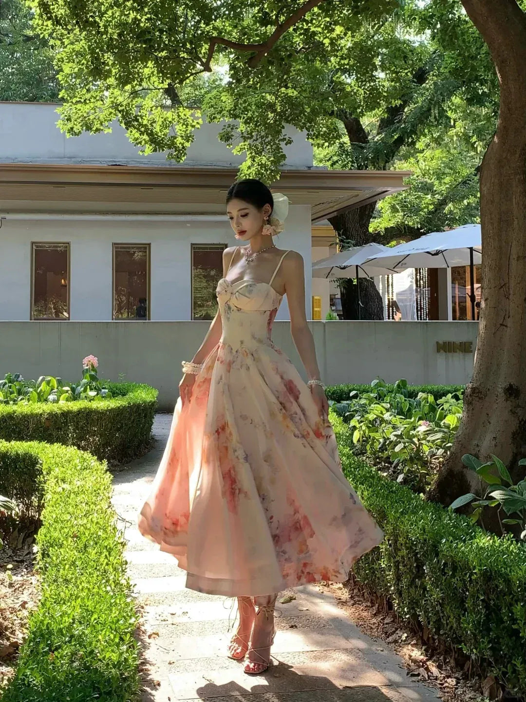 Blush Watercolor Floral Spaghetti Strap Flowy Maxi Dress – Garden Wedding Party Gown