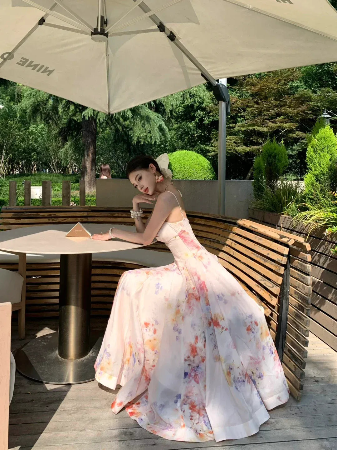 Blush Watercolor Floral Spaghetti Strap Flowy Maxi Dress – Garden Wedding Party Gown
