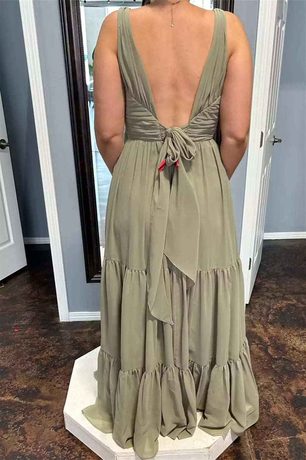 Bohemian Sage Green Chiffon Gown with Deep V-Neck & Tiered Ruffled Skirt