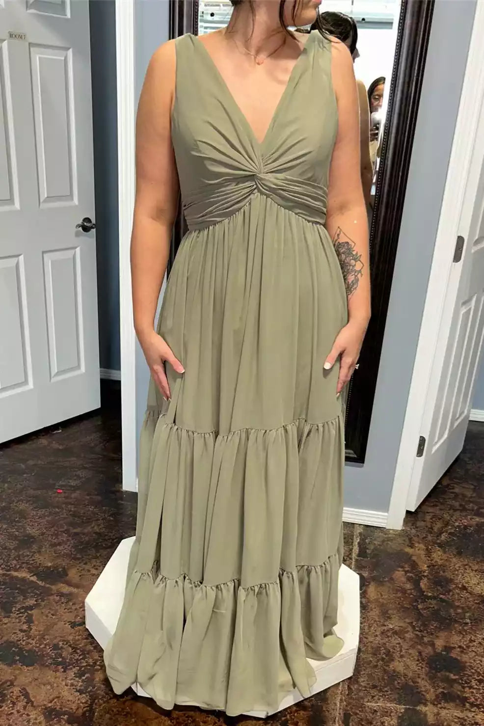 Bohemian Sage Green Chiffon Gown with Deep V-Neck & Tiered Ruffled Skirt
