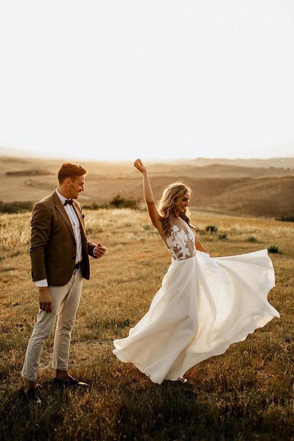 Bohemian Wedding Dress with Sheer Bodice and Flowing Chiffon Skirt