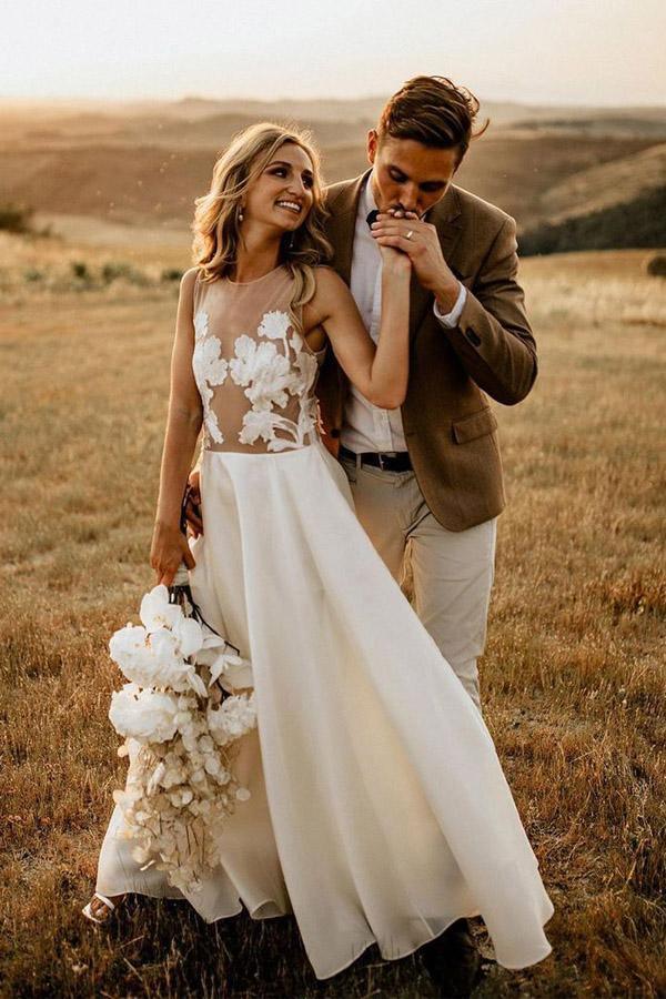 Bohemian Wedding Dress with Sheer Bodice and Flowing Chiffon Skirt