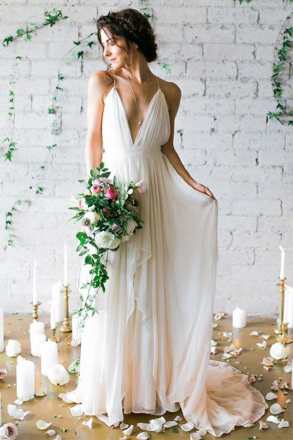 Boho Wedding Dress with Deep Plunge Neckline and Flowing Chiffon Skirt