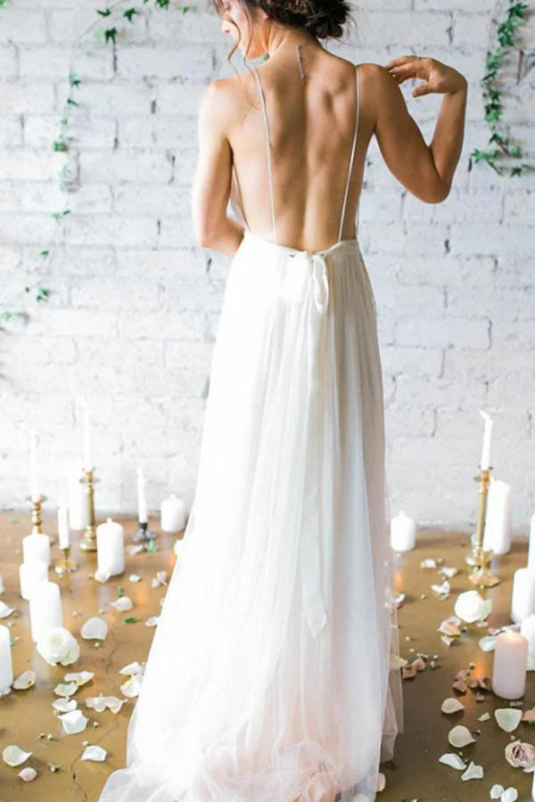 Boho Wedding Dress with Deep Plunge Neckline and Flowing Chiffon Skirt