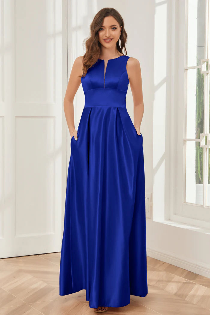 Bold A-Line Keyhole-Neck Sleeveless Closed-Back Royal Blue Satin Floor-Length Bridesmaid Dresses