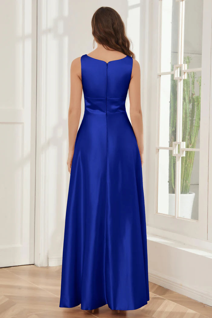 Bold A-Line Keyhole-Neck Sleeveless Closed-Back Royal Blue Satin Floor-Length Bridesmaid Dresses