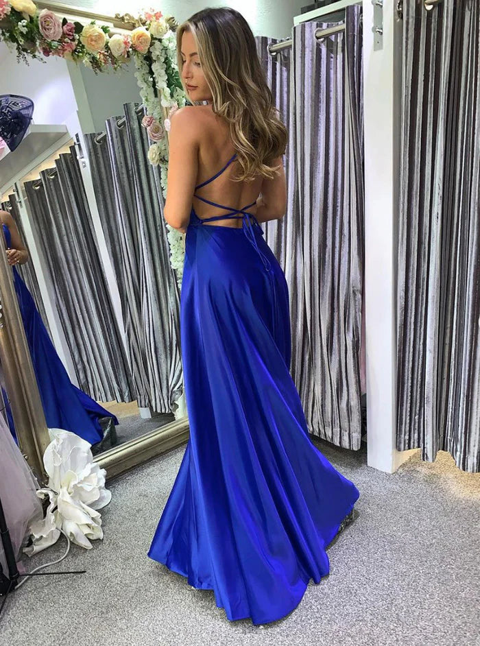 Bold A-Line Square-Neck Spaghetti-Strap Crisscross-Back Royal Blue Satin Floor-Length Bridesmaid Dresses