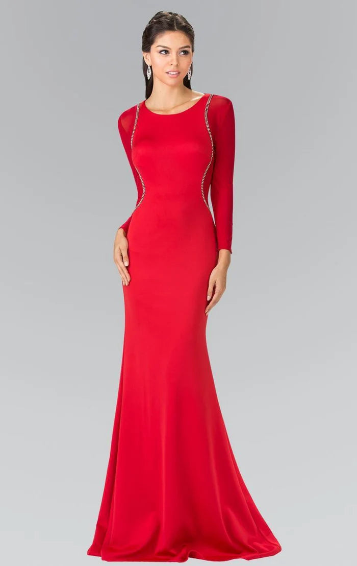 Bold Mermaid Crew-Neck Long-Sleeve Sheer-Back Red Beaded-Chiffon Floor-Length Mother of the Bride Dresses