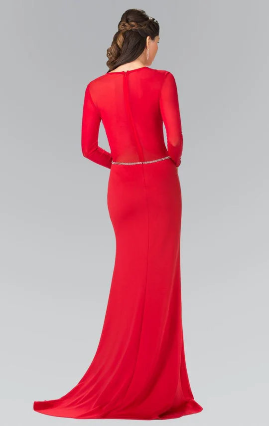Bold Mermaid Crew-Neck Long-Sleeve Sheer-Back Red Beaded-Chiffon Floor-Length Mother of the Bride Dresses